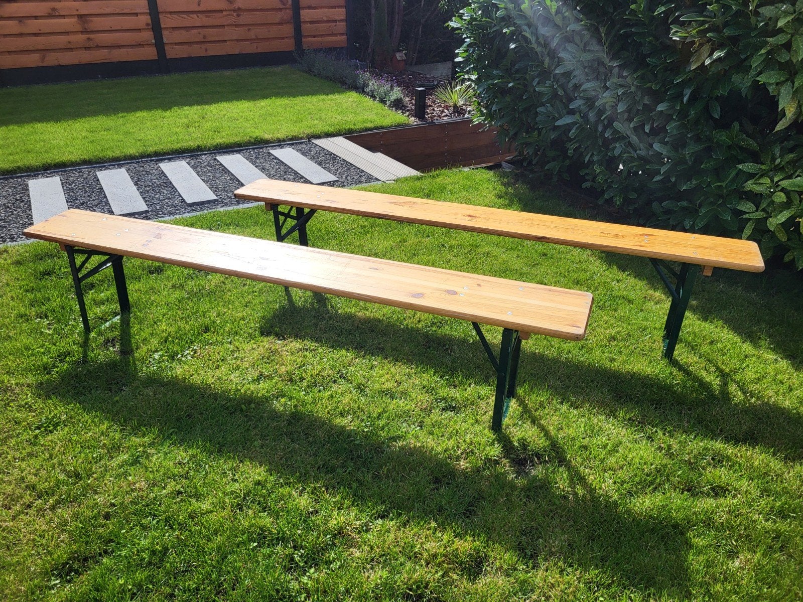 Bierbanken set - 2 stuks (220x26x48 cm), Ophalen, Zo goed als nieuw, Hout