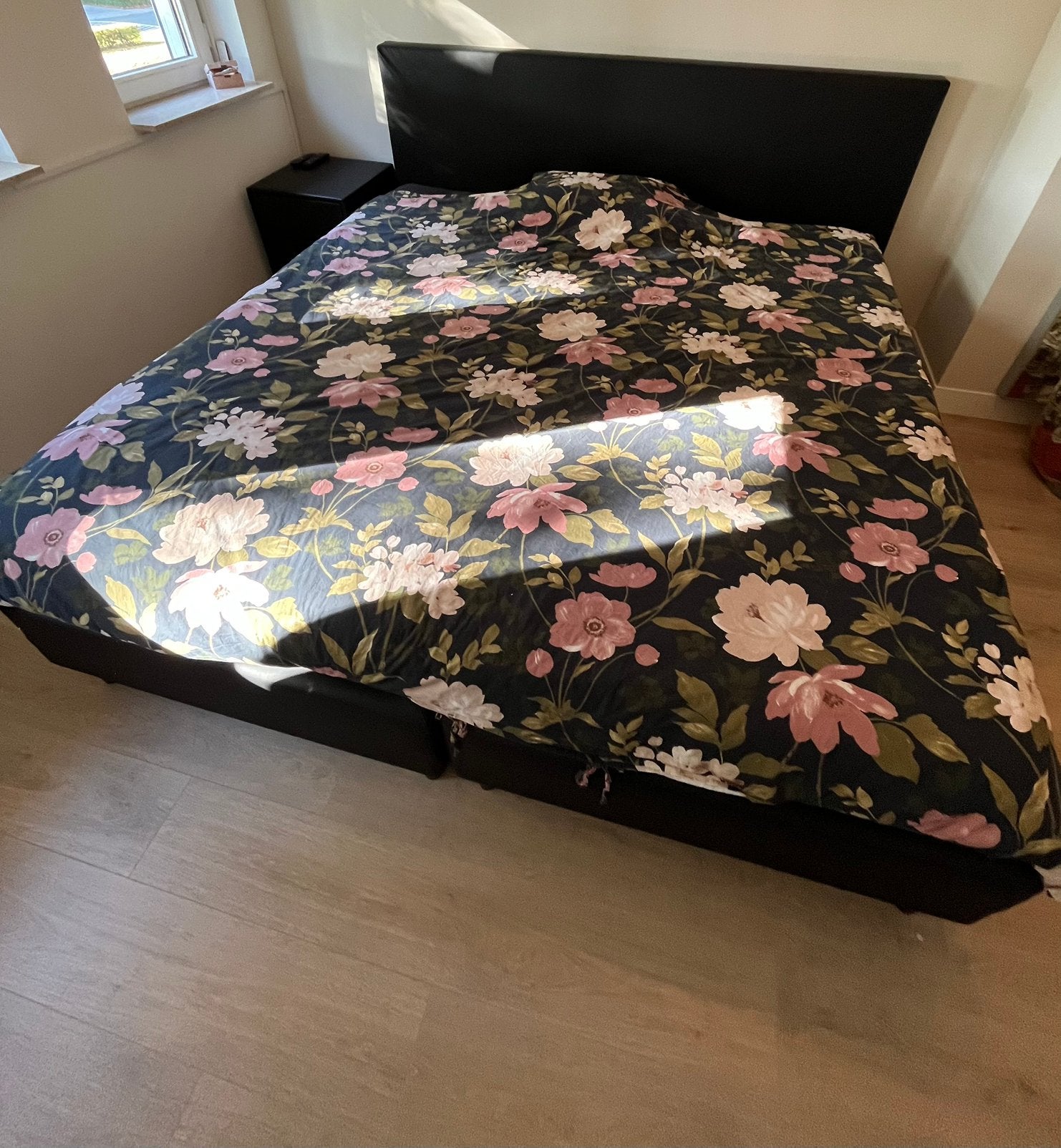 2 persoons boxspring 200x200, Ophalen, Zwart, Tweepersoons, Zo goed als nieuw