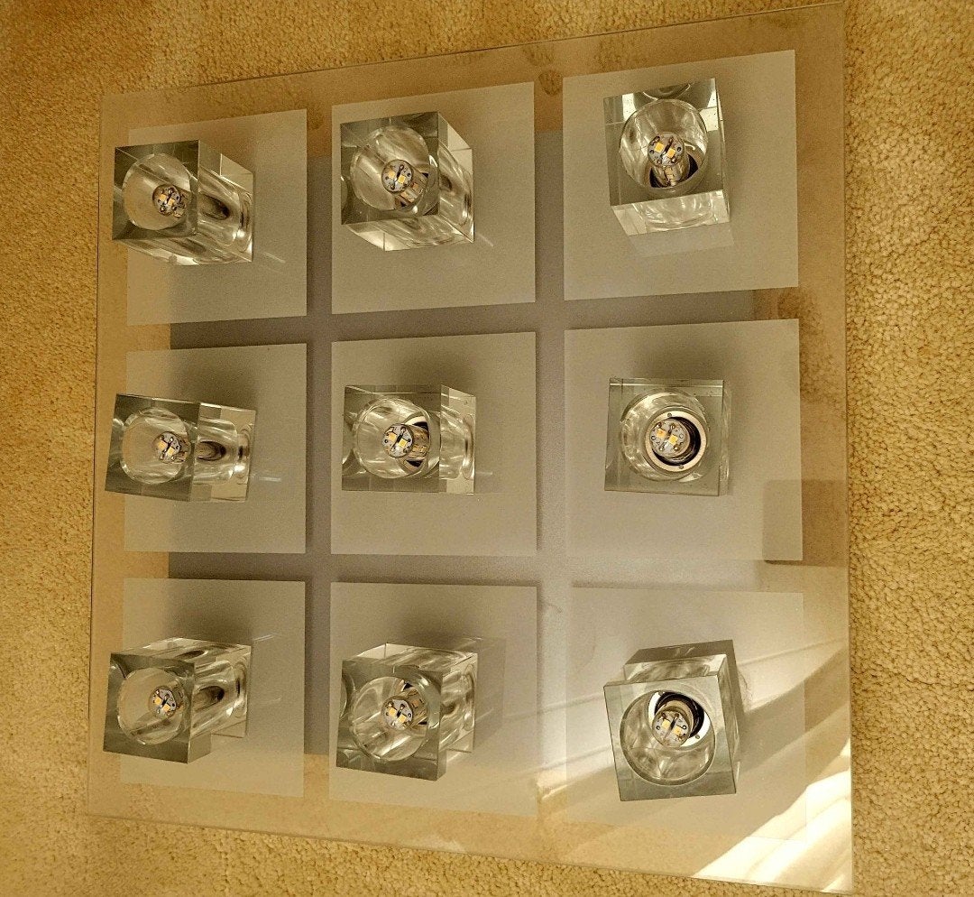 Moderne plafondlamp met 9 glazen kubussen, bieden, Overige merken, GU10, Ophalen of Verzenden, Zo goed als nieuw