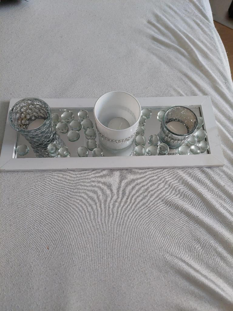 Windlichtset, dienblad met spiegel & decoratieve stenen, Huis en Inrichting, Woonaccessoires | Dienbladen, Ophalen, Gebruikt, Rond