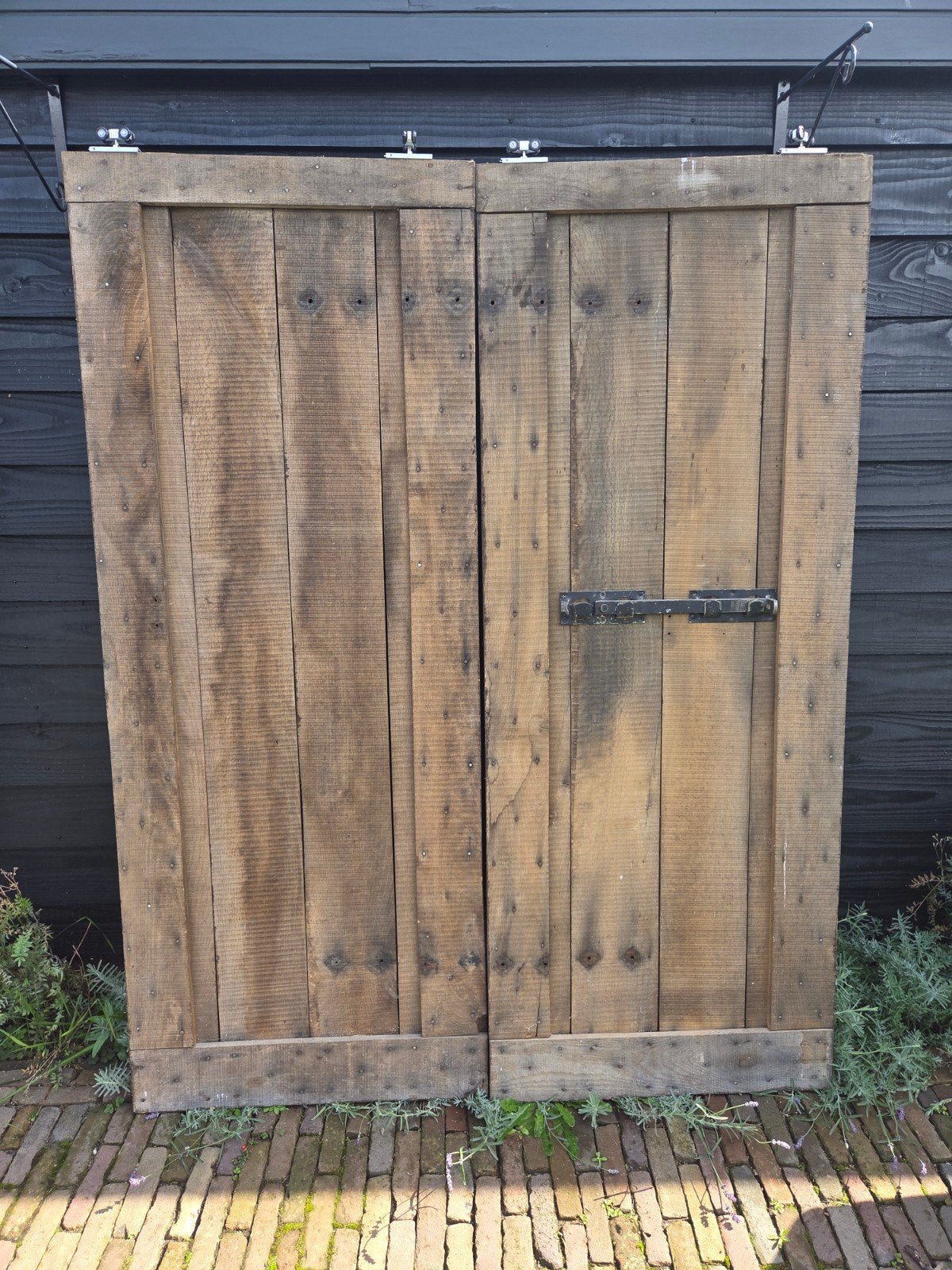 Brocante massief eiken schuifdeuren met rails - 210x160 cm, Doe-het-zelf en Verbouw, Gebruikt, 120 cm of meer, Binnendeur, Ophalen of Verzenden