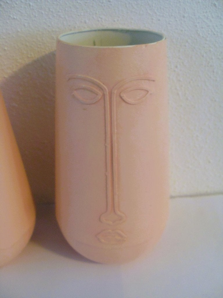 3 dezelfde vaasjes / bloempotjes roze / met gezicht / hoog, Rond, Binnen, Ophalen of Verzenden, Zo goed als nieuw