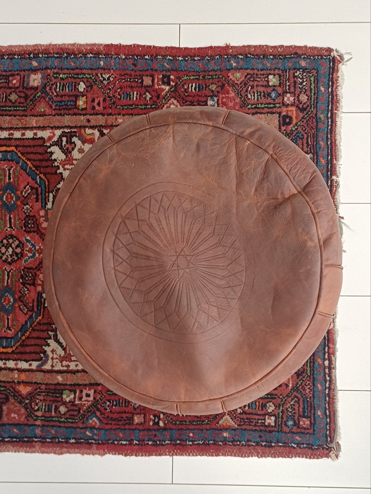 Marokkaanse leren poef/hockers cognac bruin, Ophalen, Minder dan 50 cm, Gebruikt, Rond