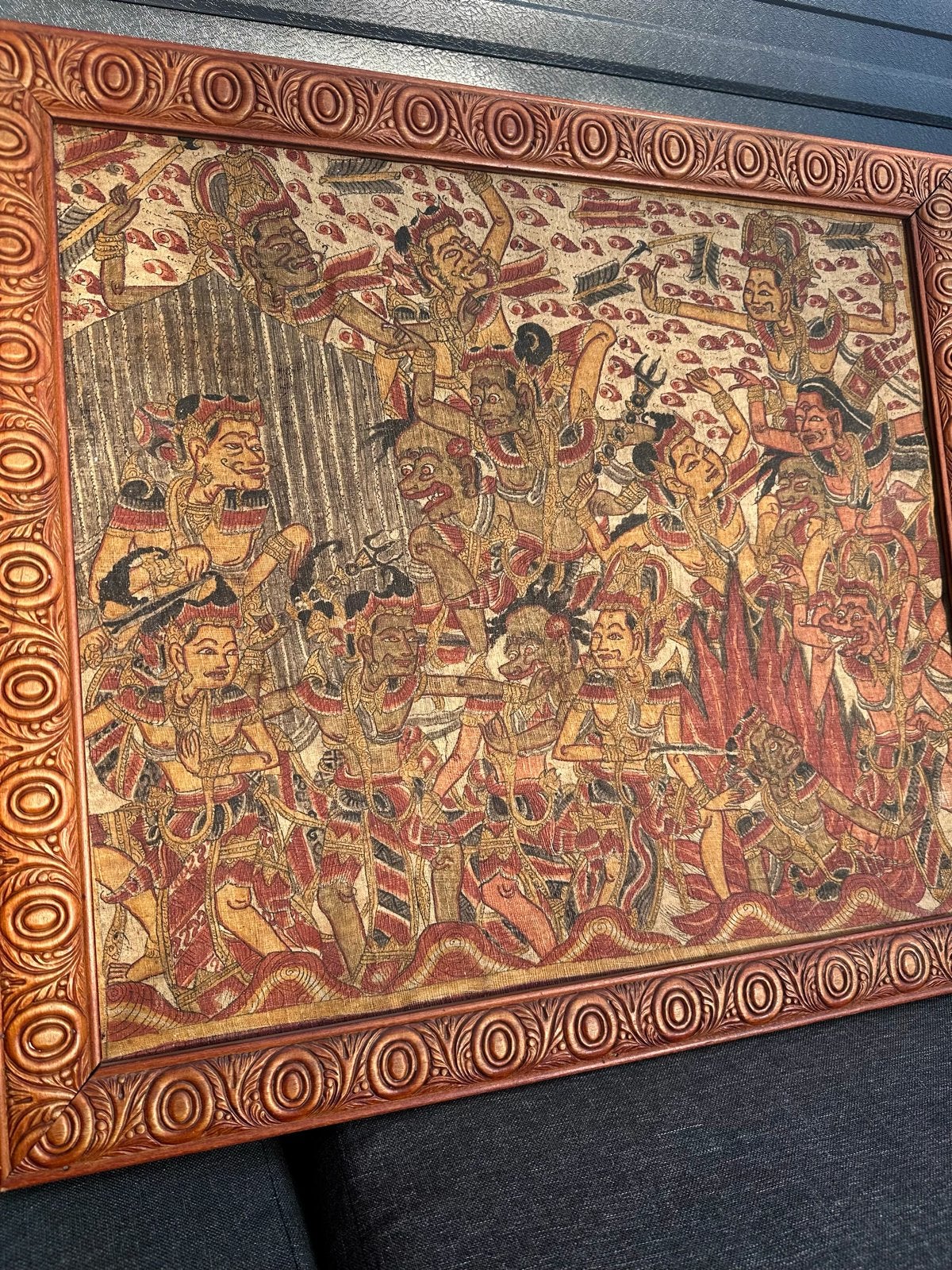 Antiek / Vintage Balinees Kamasan Schilderij - Bhima Swarga, Ophalen of Verzenden, Indonesië, Meerkleurig, Geschilderd