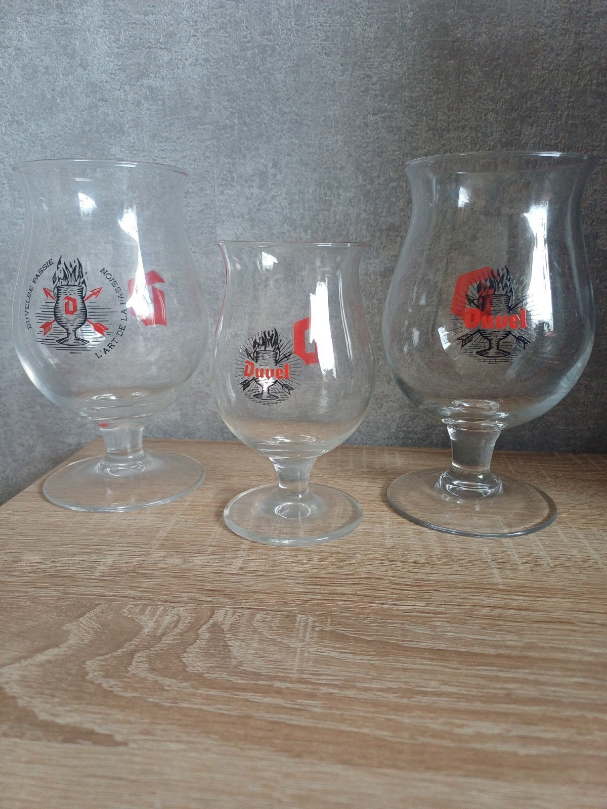 3 Duvel bierglazen: 2x 50 cl en 1x 16.5 cl, Ophalen of Verzenden, Gebruikt, Glas of Glazen, Duvel