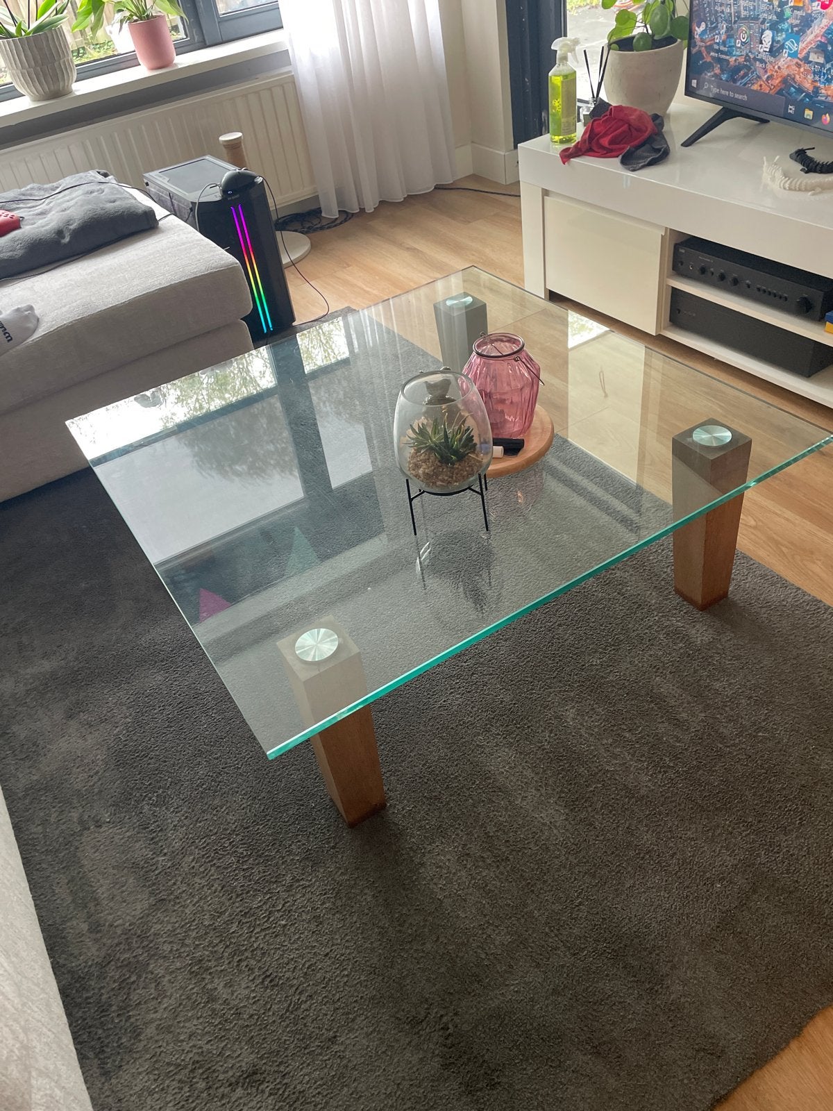 Mooie vierkante glazen tafel van Montel, Ophalen, Gebruikt, Vierkant, 50 tot 100 cm