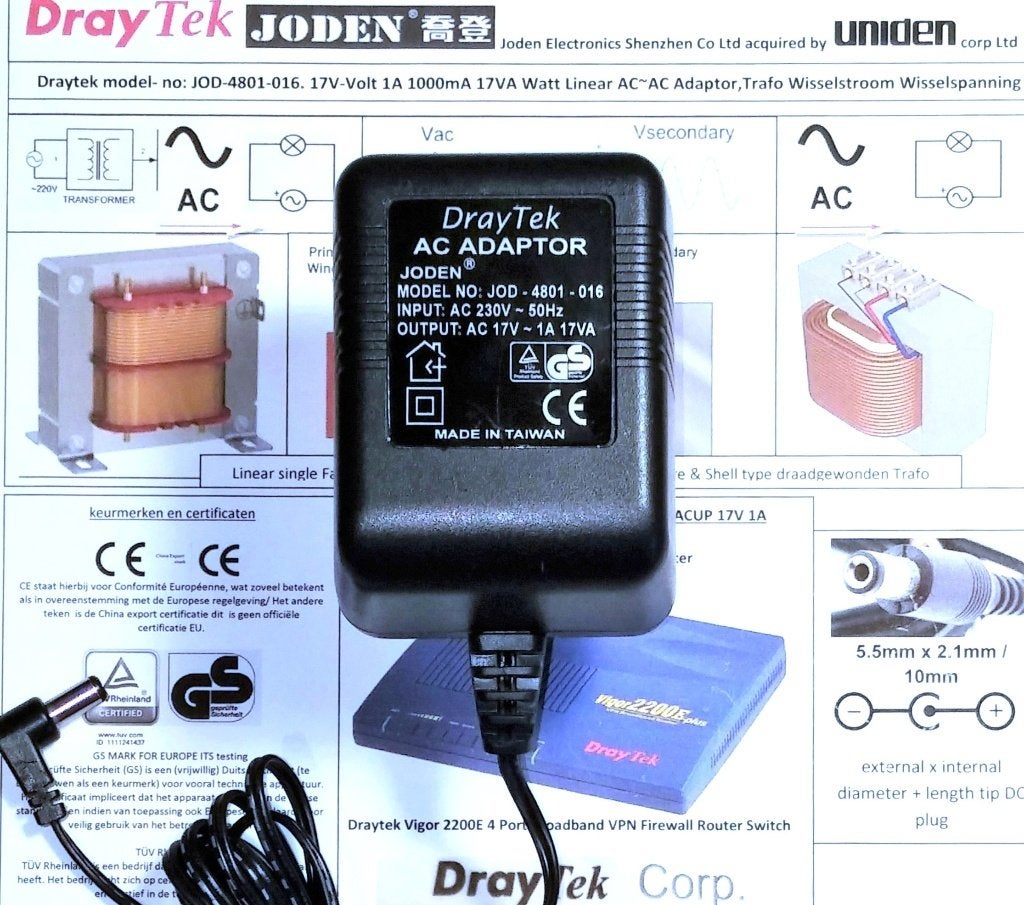 Draytek JODEN JOD-4801-016 17V 1A AC~AC Wisselstroom Adapter, Audio, Tv en Foto, Opladers, Zo goed als nieuw, Ophalen of Verzenden