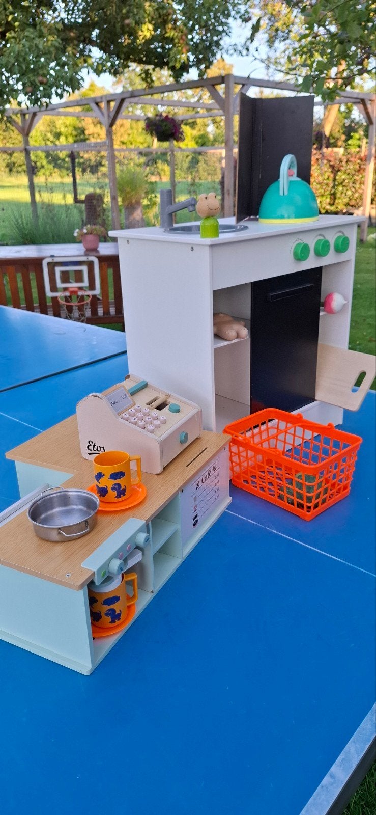 kinderkeuken, koffiebar, kassa, winkelmandje, Kinderen en Baby's, Speelgoed | Speelkeukens, Ophalen, Gebruikt, Overige materialen
