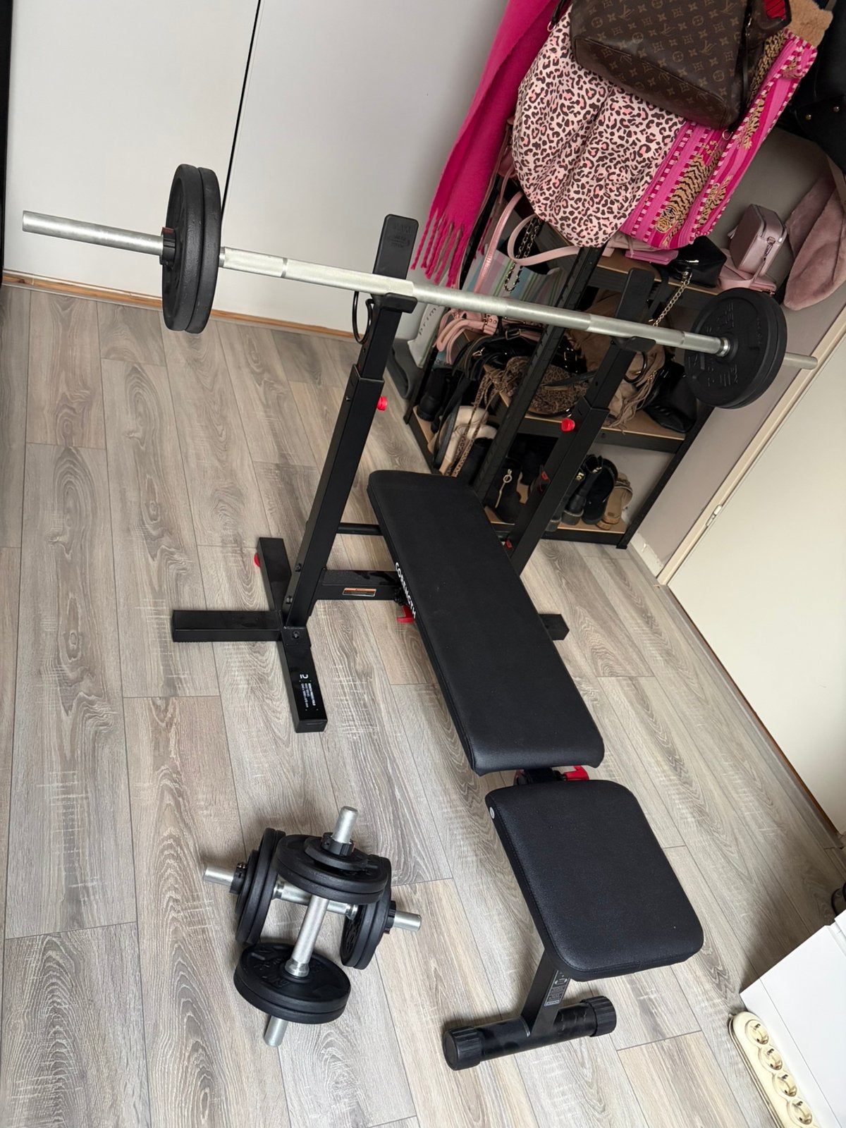 Halterbank met halterset, Ophalen, Zo goed als nieuw, Rug, Fitnessbank