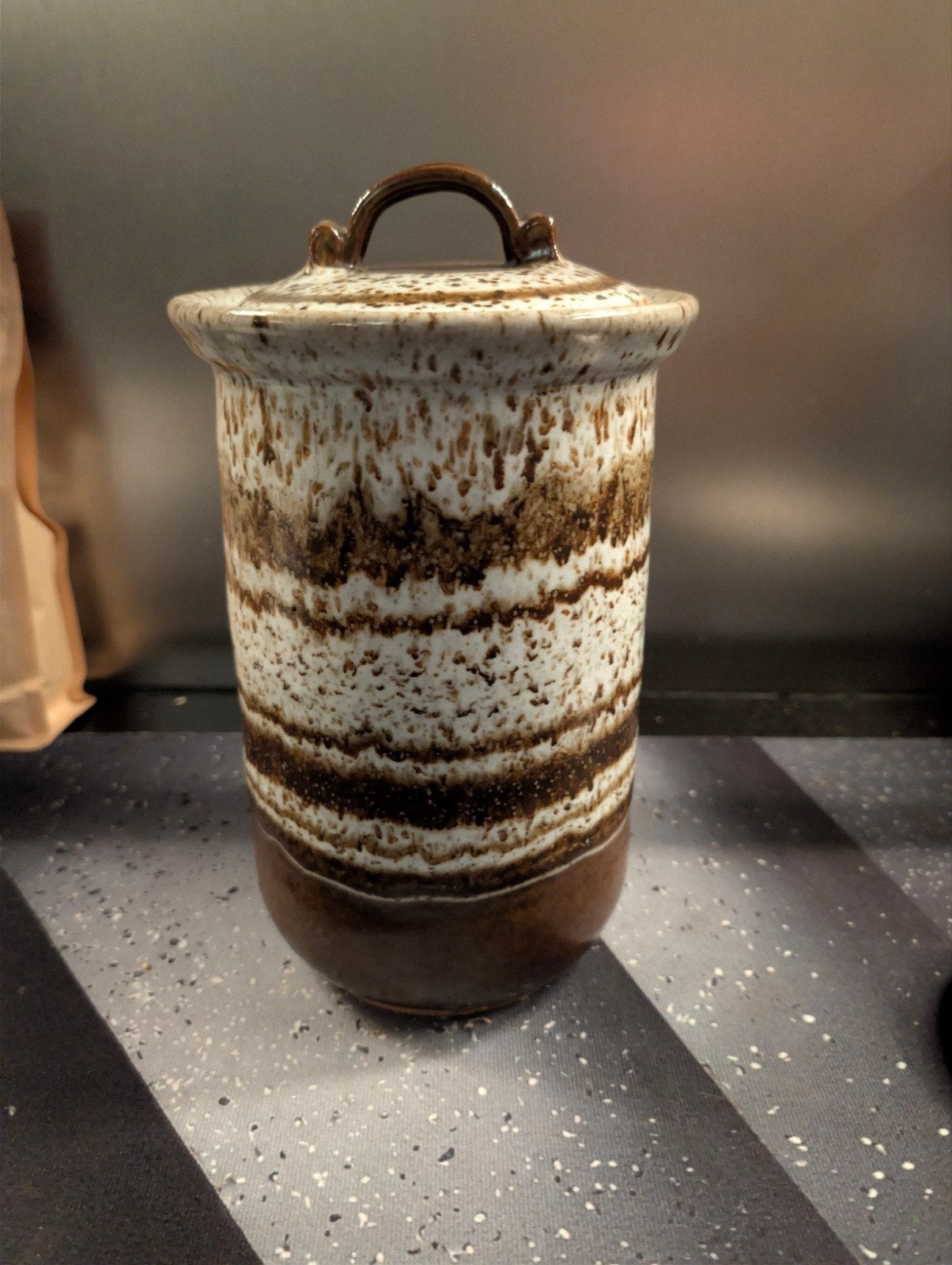 Vintage fat lava Pot met Deksel - Bruin/Wit Gespikkeld, Ophalen of Verzenden