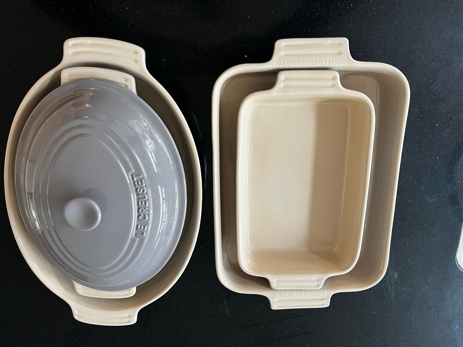 Le Creuset Ovenschalen Set - 2 Ovale, 2 Rechthoekige, Steen/keramiek, Le Creuset, Ophalen, Beige