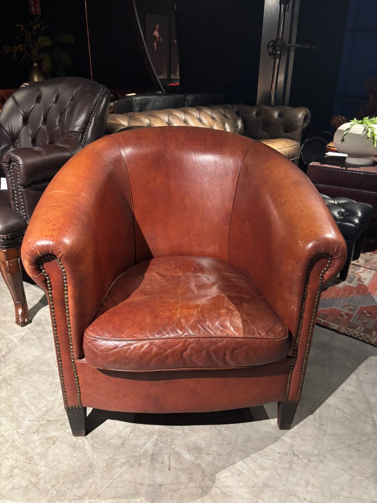 Clubfauteuil Runderleer, Engels klassiek, Gebruikt, 50 tot 75 cm, Leer