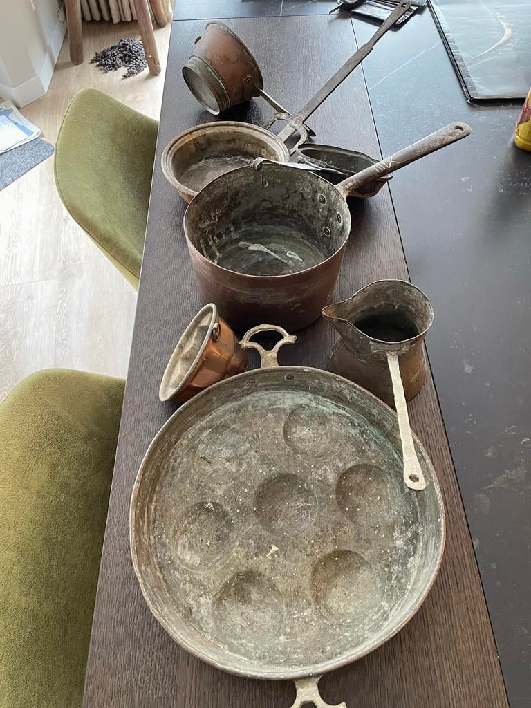 Oude koperen pannetjes, voor een mooie decoratie, Antiek en Kunst, Ophalen of Verzenden, Koper
