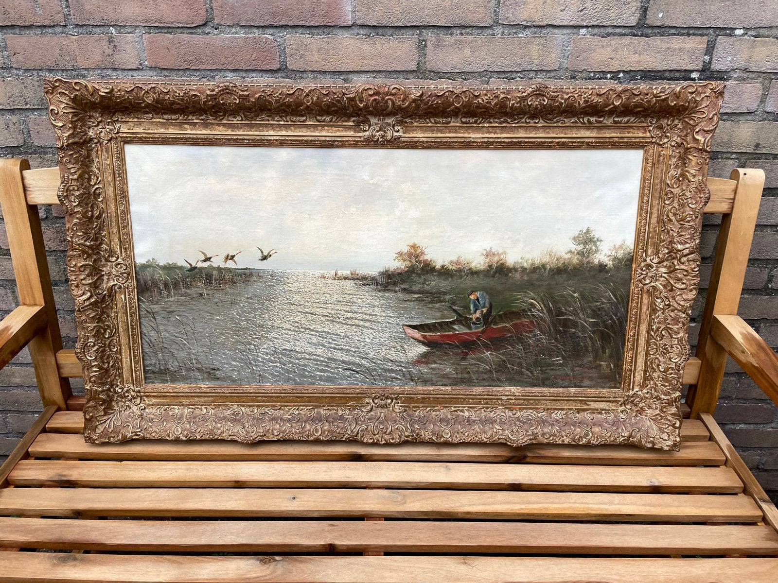 Olieverfschilderij Waterman, Ophalen, Doek, Dieren, Gesigneerd