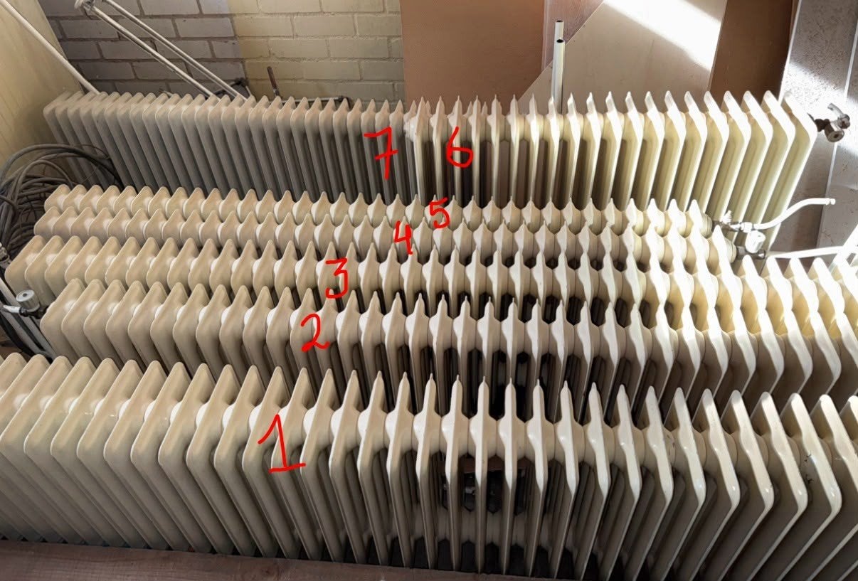 7 authentieke gietijzeren radiatoren uit jaren '70, Ophalen, 30 tot 80 cm, Gebruikt, Radiator