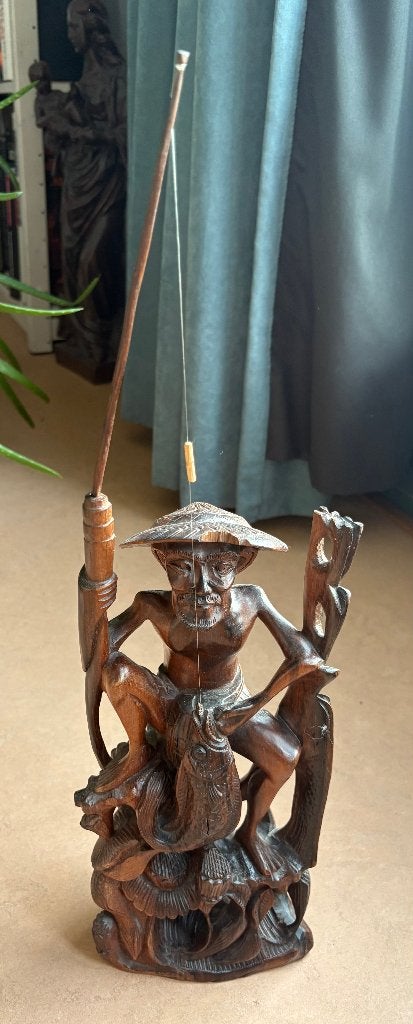 Houten beeld van een visser, Bali, Hout, Bruin, Ophalen of Verzenden, 48 cm