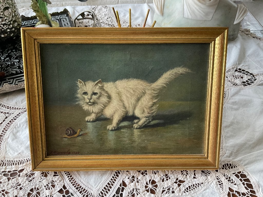 Oud olieverf schilderij witte kat met slak, Antiek en Kunst, Ophalen of Verzenden, Dieren