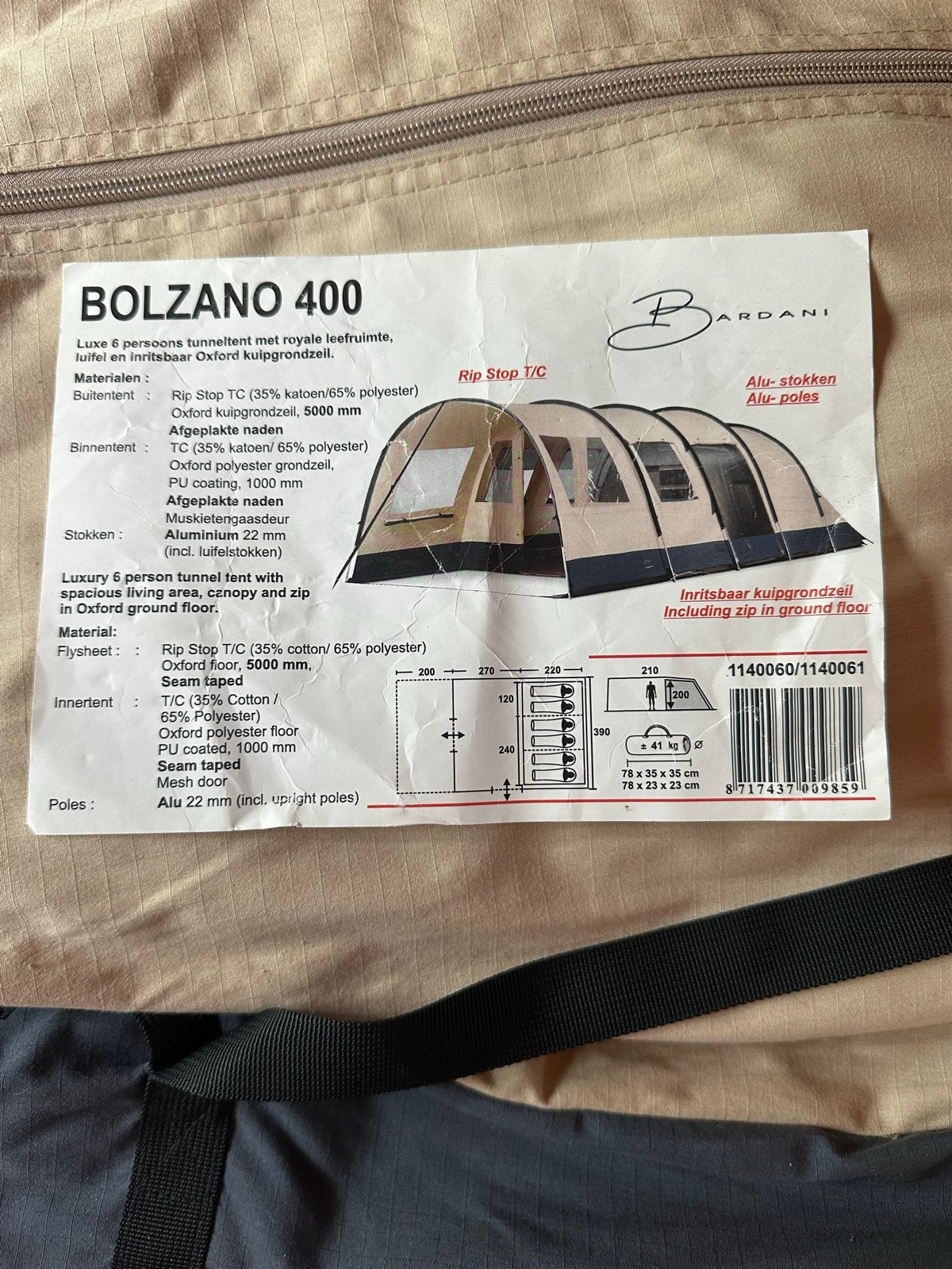 Tunneltent 6-persoons Bardani Bolzano 400, Caravans en Kamperen, Tenten, Ophalen, Gebruikt, Meer dan 6