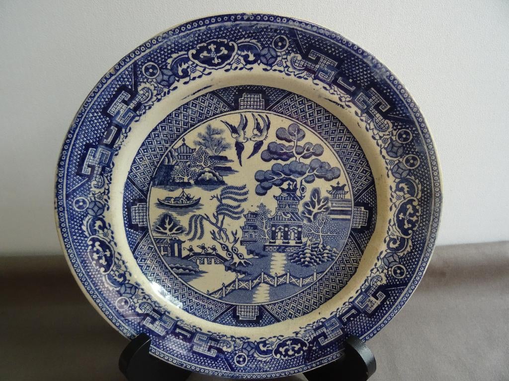Antiek bord blauw/wit japanse pagode zwaluwen bootje 1850, Antiek en Kunst, Ophalen of Verzenden