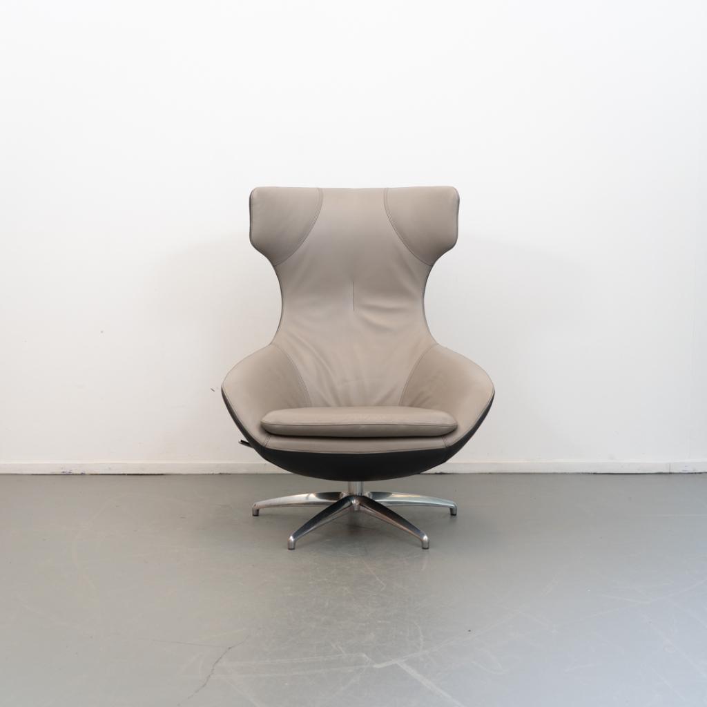 1 Leolux Caruzzo PLUS Fauteuil + Voetenbank Grijs/Lever Leer, Niet ingevuld, Niet ingevuld, 75 tot 100 cm, Ophalen of Verzenden