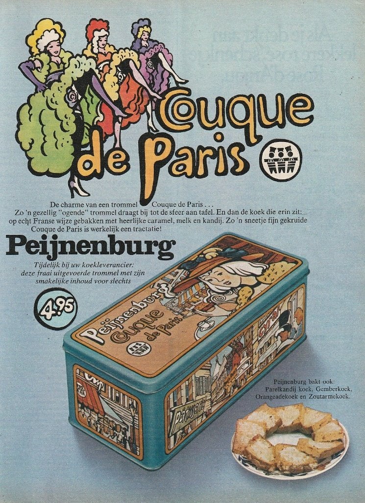 Retro reclame 1976 Peijnenburg Couque de Paris trommel blik, Verzenden, Overige typen