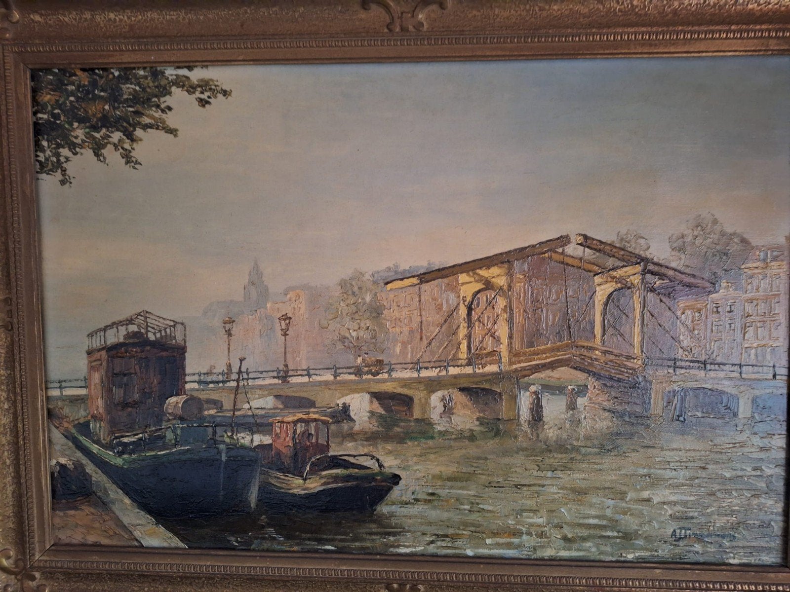 Olieverfschilderij van A.J. Timmermans: Brug over de Amstel, Doek, Realistisch, Ophalen of Verzenden, Olieverf