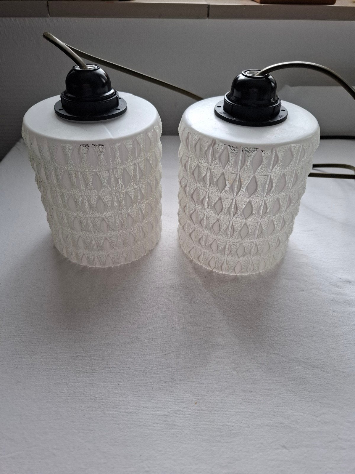 2 vintage glazen hanglampen, Ophalen of Verzenden, Gebruikt, Glas, E27 (groot)
