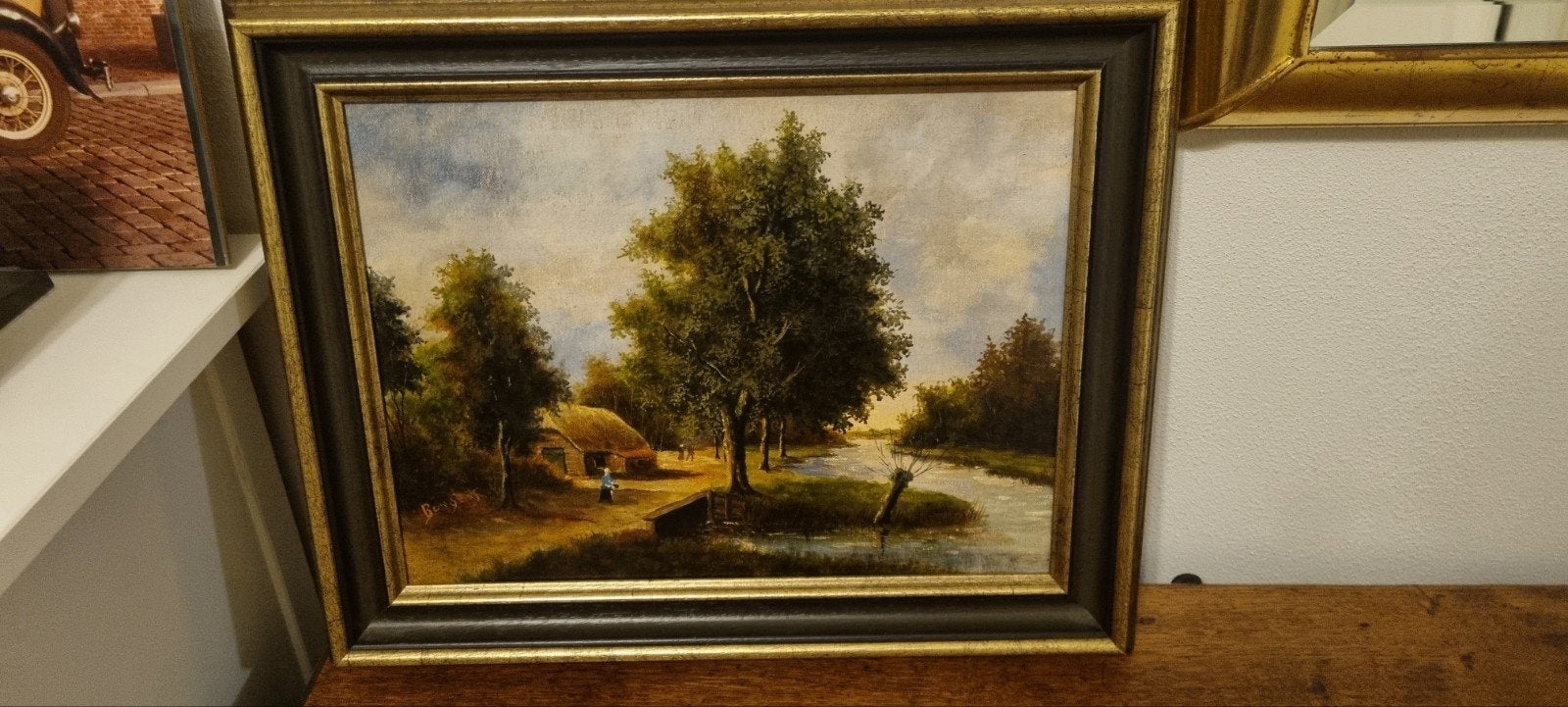 schilderij met plattelandleven., Ophalen, Gebruikt, Hollands obv olieverf op linnen, Minder dan 50 cm