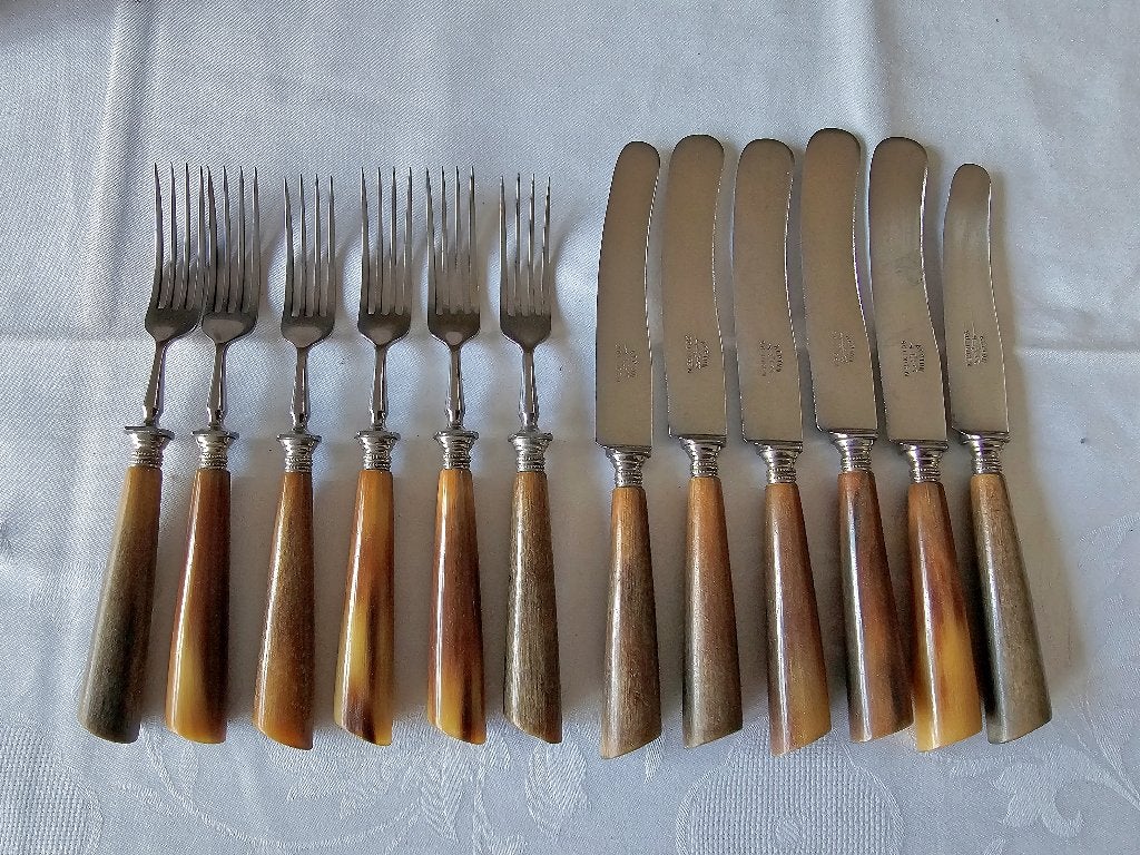 Antiek hoornen bestek 6 pers. voorgerecht messen + vorken, Ophalen of Verzenden