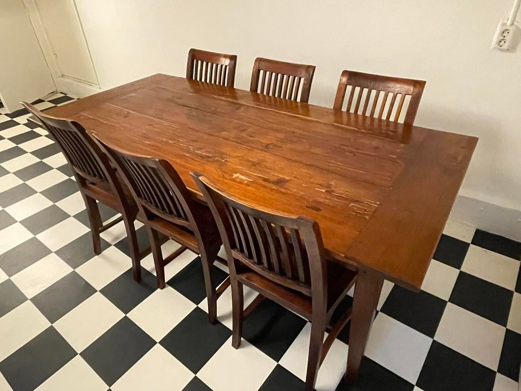Tafel met 6 stoelen, Ophalen, Gebruikt, Teakhout, 200 cm of meer