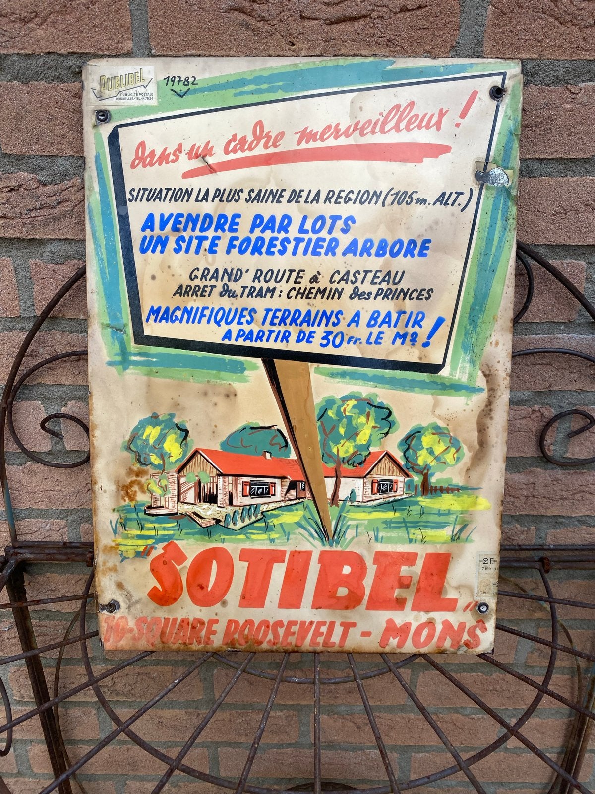 Vintage metalen reclamebord - Percelen & Vastgoed Casteau, Ophalen of Verzenden, Gebruikt, Reclamebord