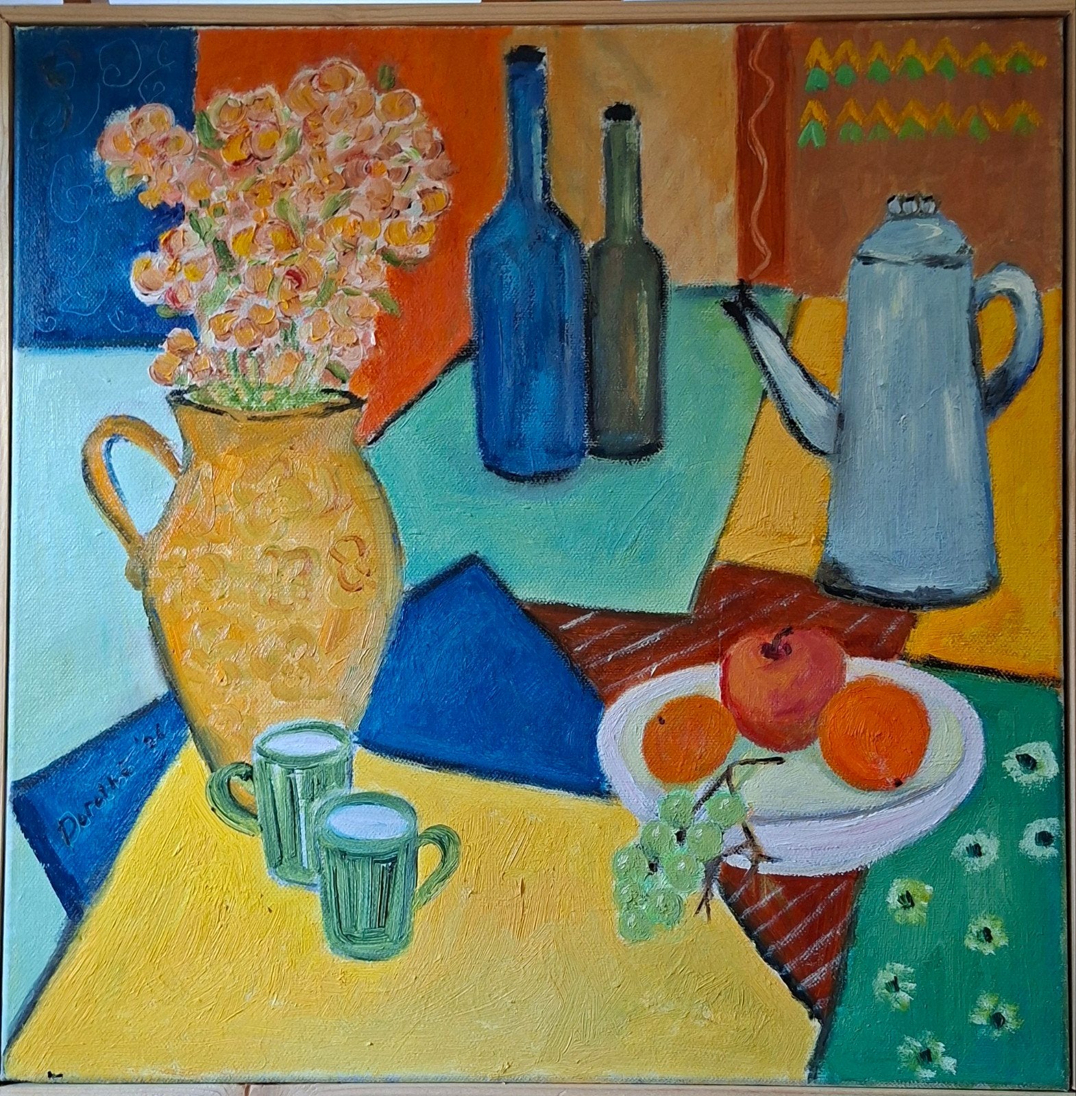 Kleurrijk stilleven met bloemen en flessen, gesigneerd, Ophalen, Doek, Stilleven, Olieverf