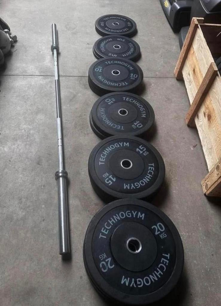 130kg Technogym Bumperplates, Technogym Barbell 220cm, Sport en Fitness, Ophalen, Zo goed als nieuw, Overige typen