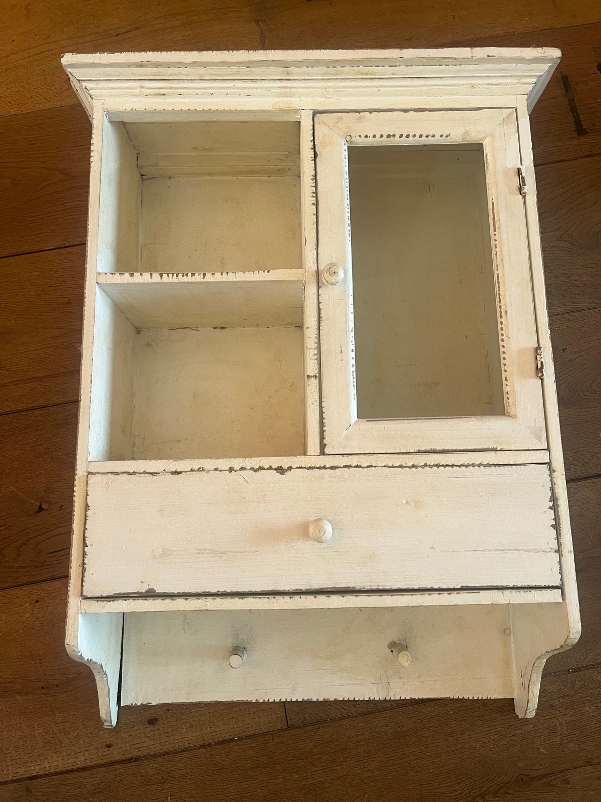 Vintage wit wandkastje met lade en glazen deur, Ophalen