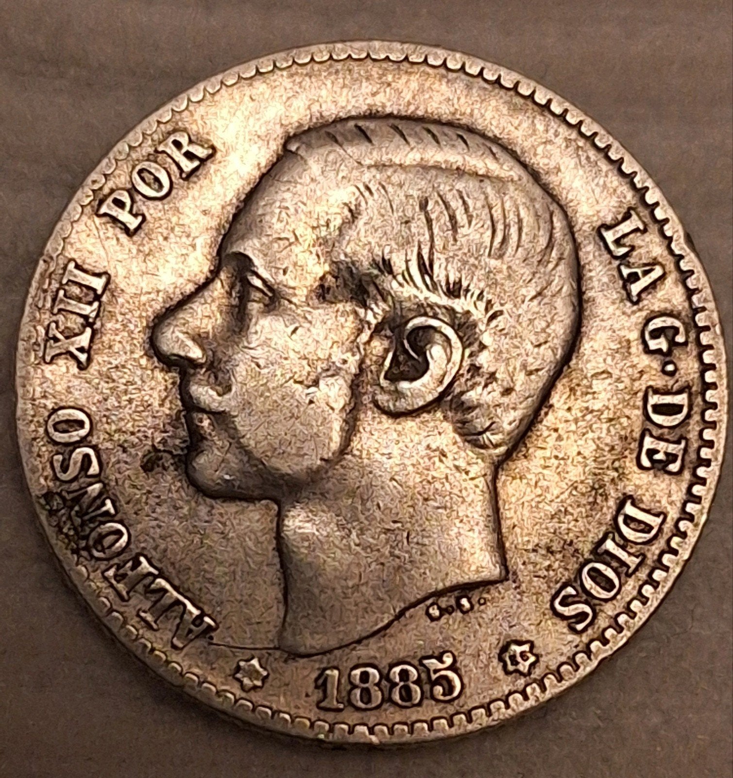 Zilveren 1 Peseta 1885 Spanje (Alfonso XII) – Slagjaar Ster, Postzegels en Munten, Verzenden, Zilver