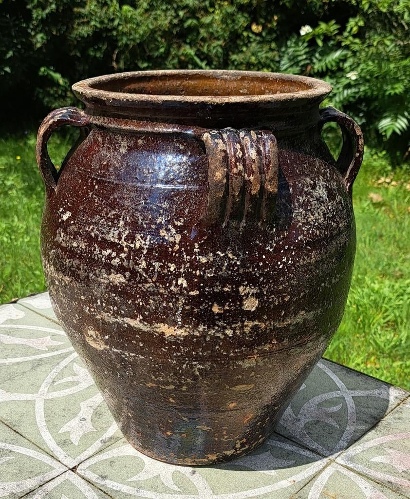 Antieke confit pot geglazuurd terracotta 38 cm hoog tuin, Ophalen