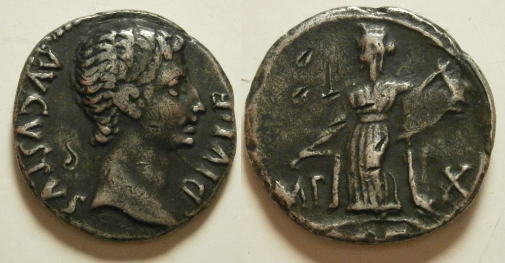 Romeinse munt Augustus AR Denarius -IMP X ACT- 15/3 BC, Ophalen of Verzenden, Italië, Losse munt, Zilver