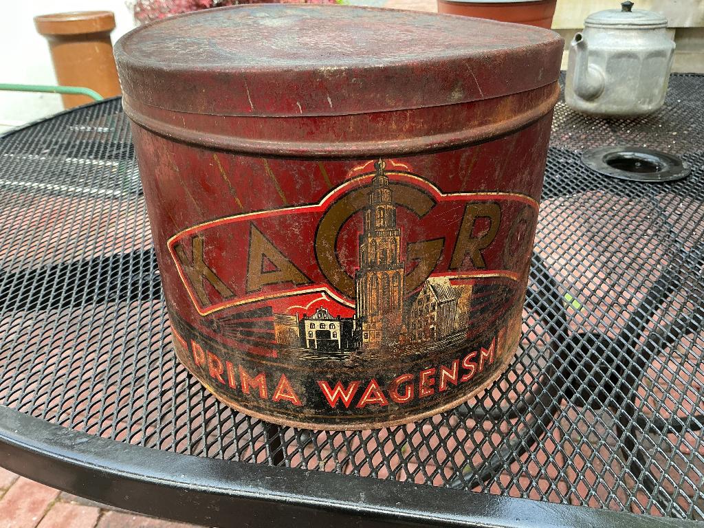 Vintage metalen doos van kagro wagensmeer kaspers groningen, Ophalen of Verzenden