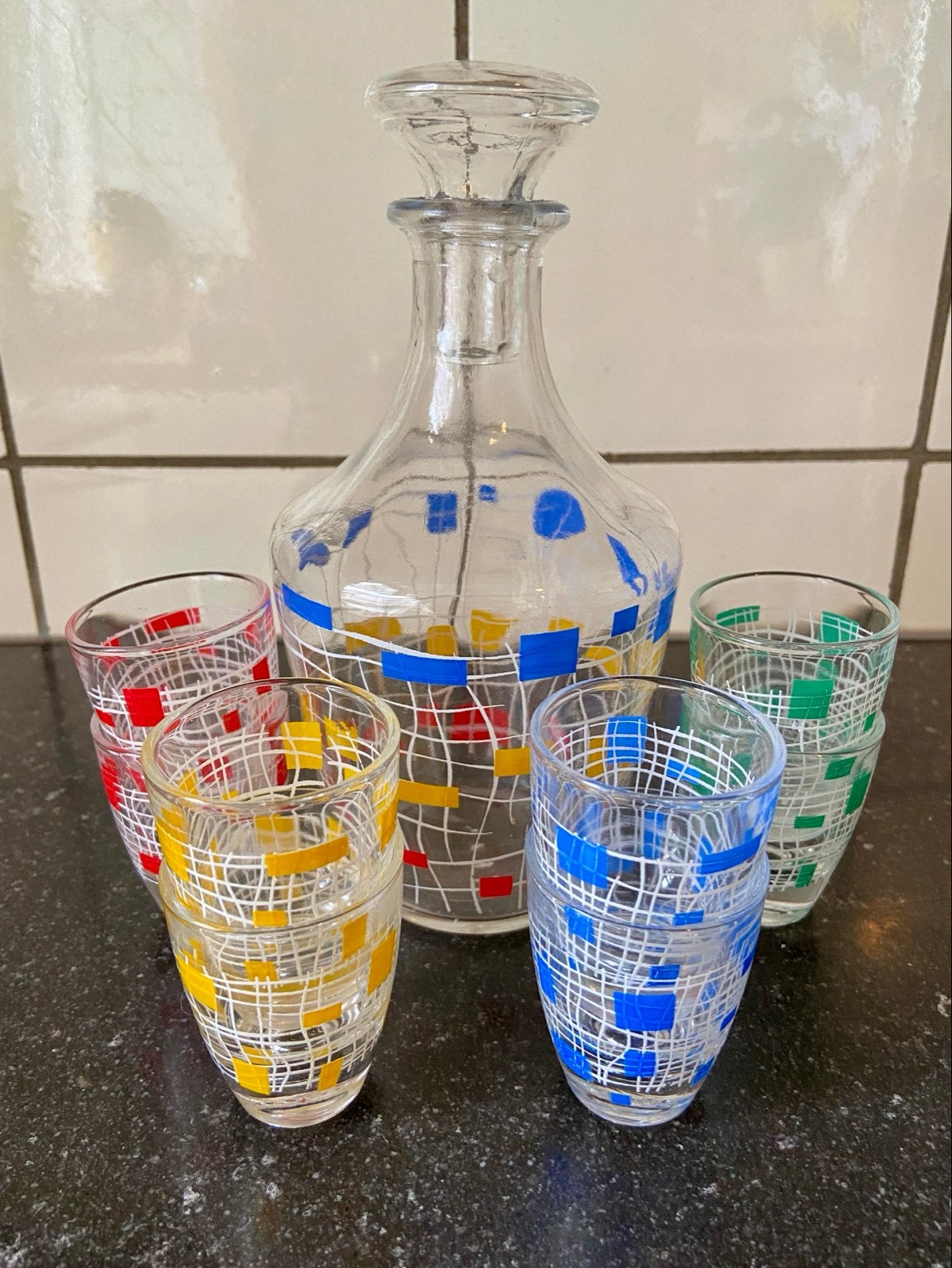 Mid-century geometrisch Frans likeurset, puntgaaf, Ophalen of Verzenden
