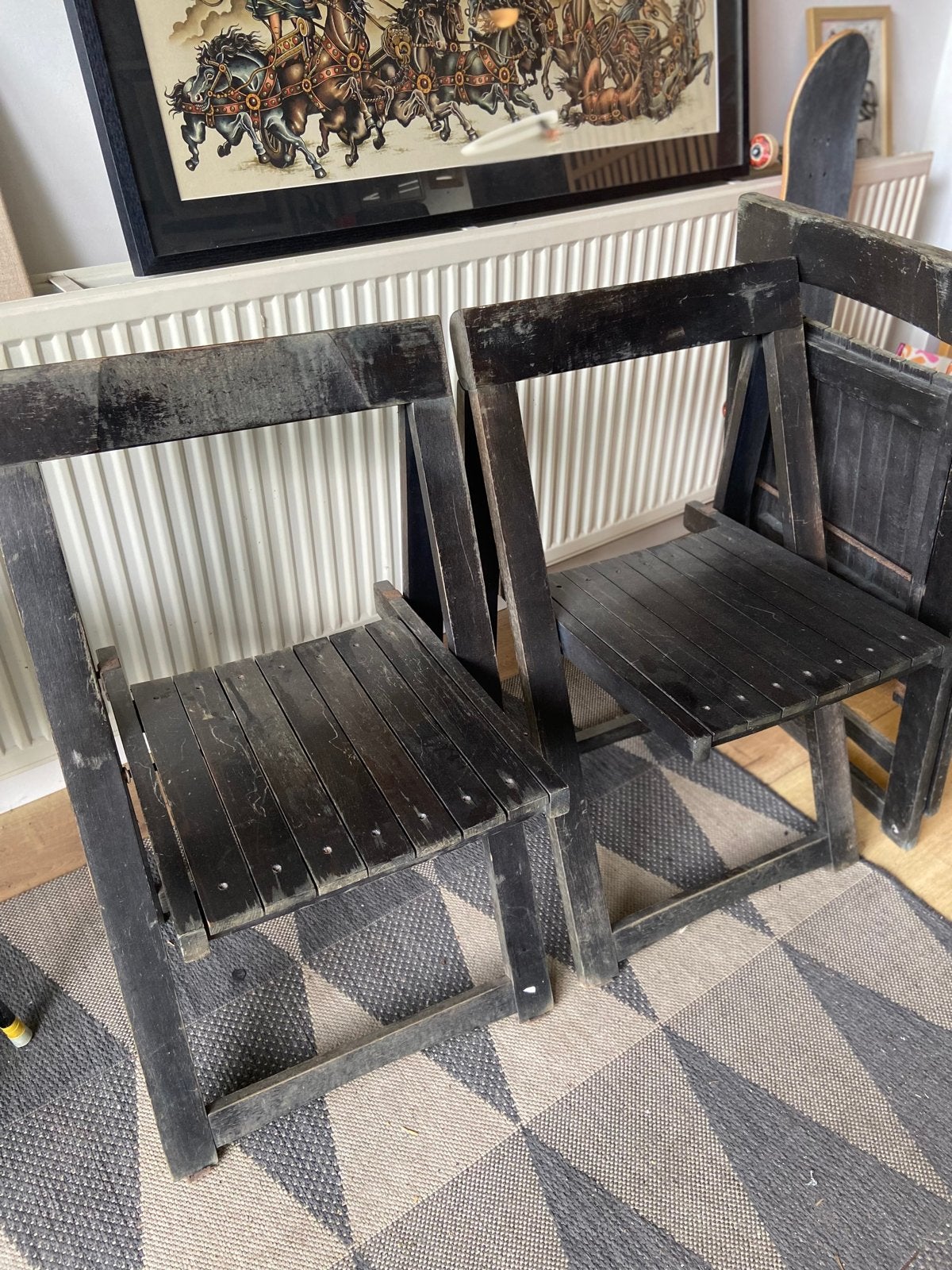 Set van 3 Aldo Jacober vintage zwarte houten klapstoelen, Ophalen