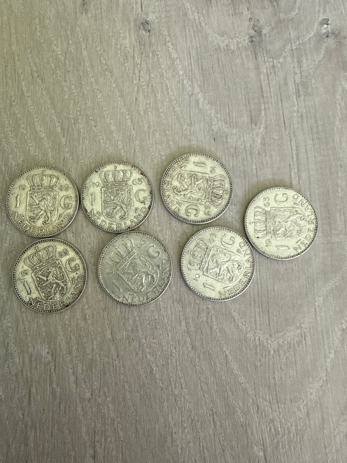 Set van 7 Nederlandse 1 Gulden munten uit 1963, 1 gulden, Koningin Juliana, Setje, Zilver