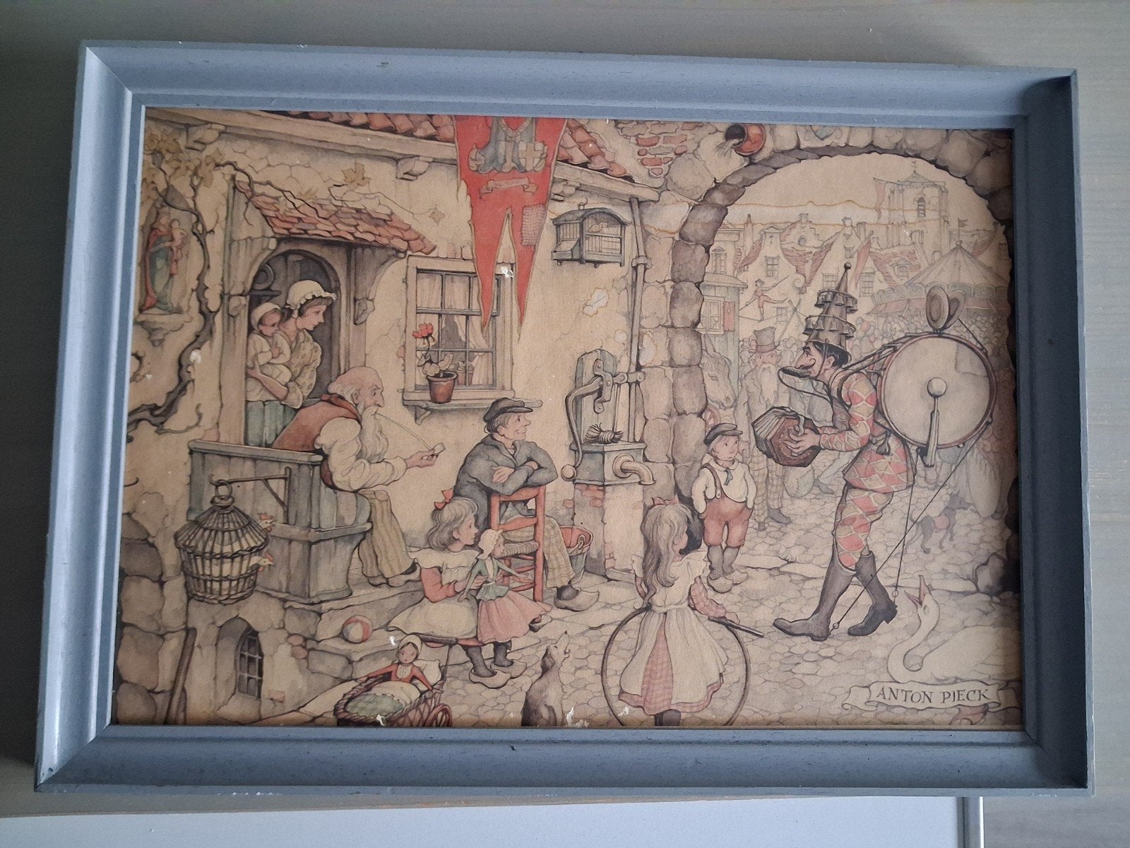 Anton Pieck prent in houten lijst, Ophalen of Verzenden, Voor 1940, Gebruikt, Overige onderwerpen