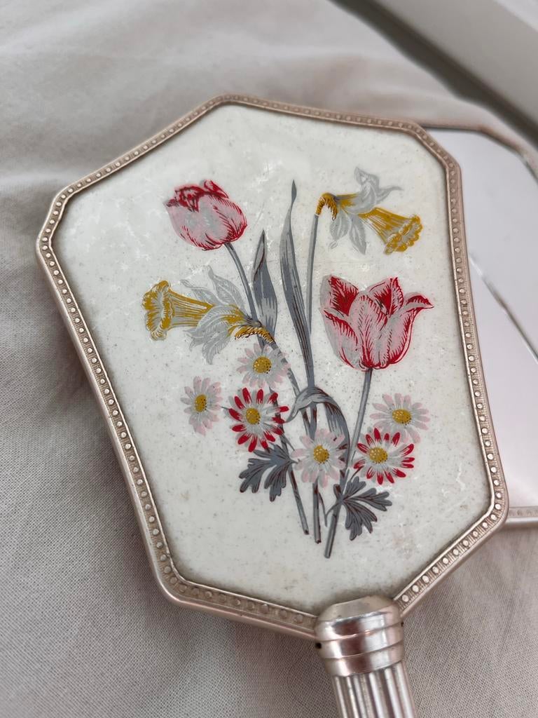 Vintage Handspiegel en Borstel Set met Bloemenmotief, Ophalen of Verzenden