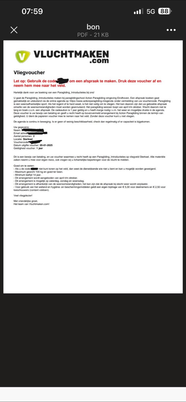 Paraglide vlievoucher voor 2 personen in Sterksel (Limburg), Twee personen, Overige soorten