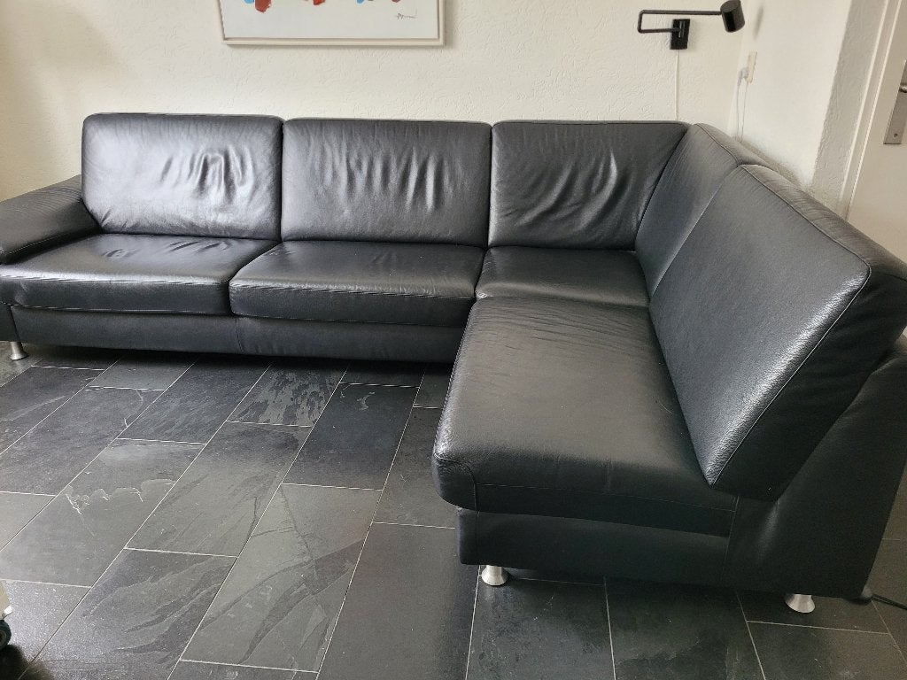 Zwarte leren hoekbank, Ophalen, 250 tot 300 cm, Gebruikt, Hoekbank