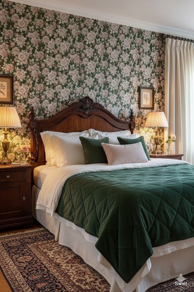 14238 donkergroen bloemenbehang met oudroze swiet, Ophalen of Verzenden