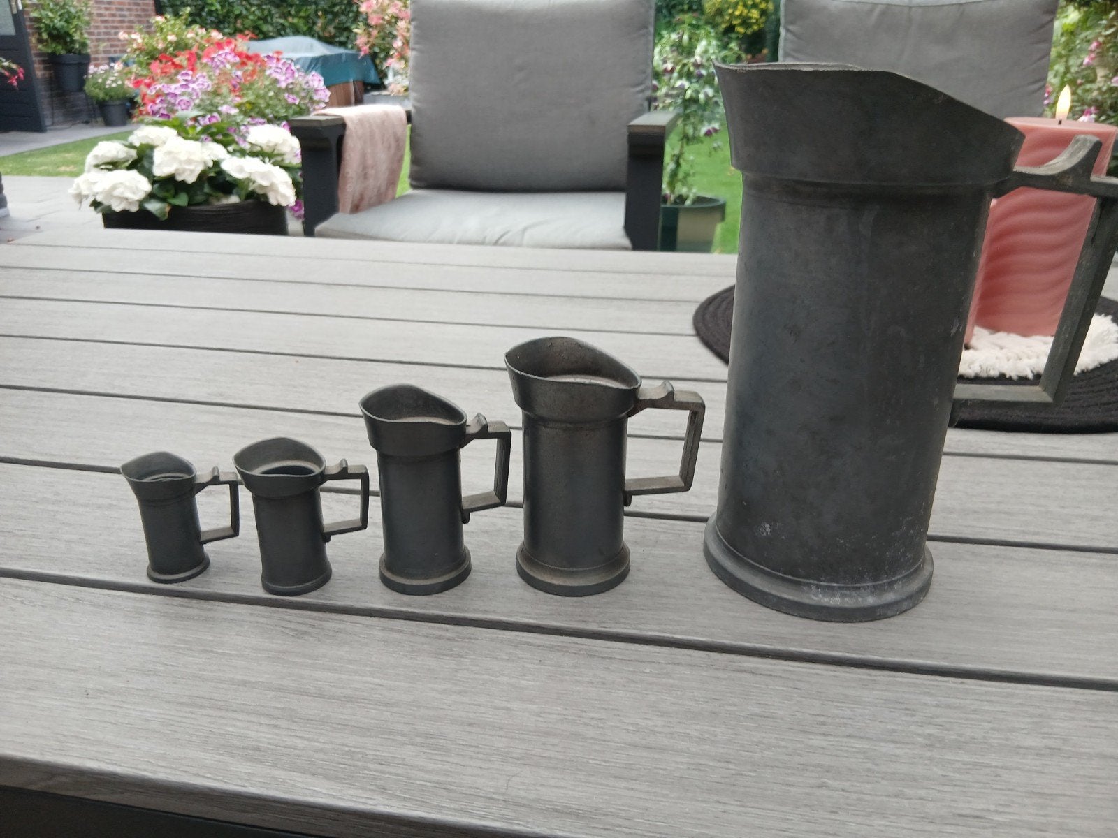Set van 5 antieke tinnen maatbekers/kannen, Ophalen of Verzenden