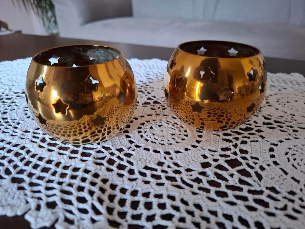 2 geel koperen potjes/kandelaars Voor waxinelichtje, Overige materialen, Ophalen of Verzenden, Zo goed als nieuw, Kandelaar