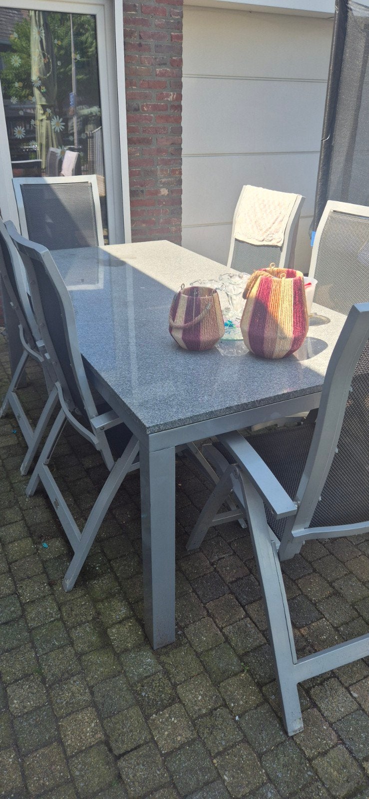 Tuinset met granieten tafel en 6 stoelen 200x100, Tuin en Terras, Ophalen, Gebruikt, Rechthoekig