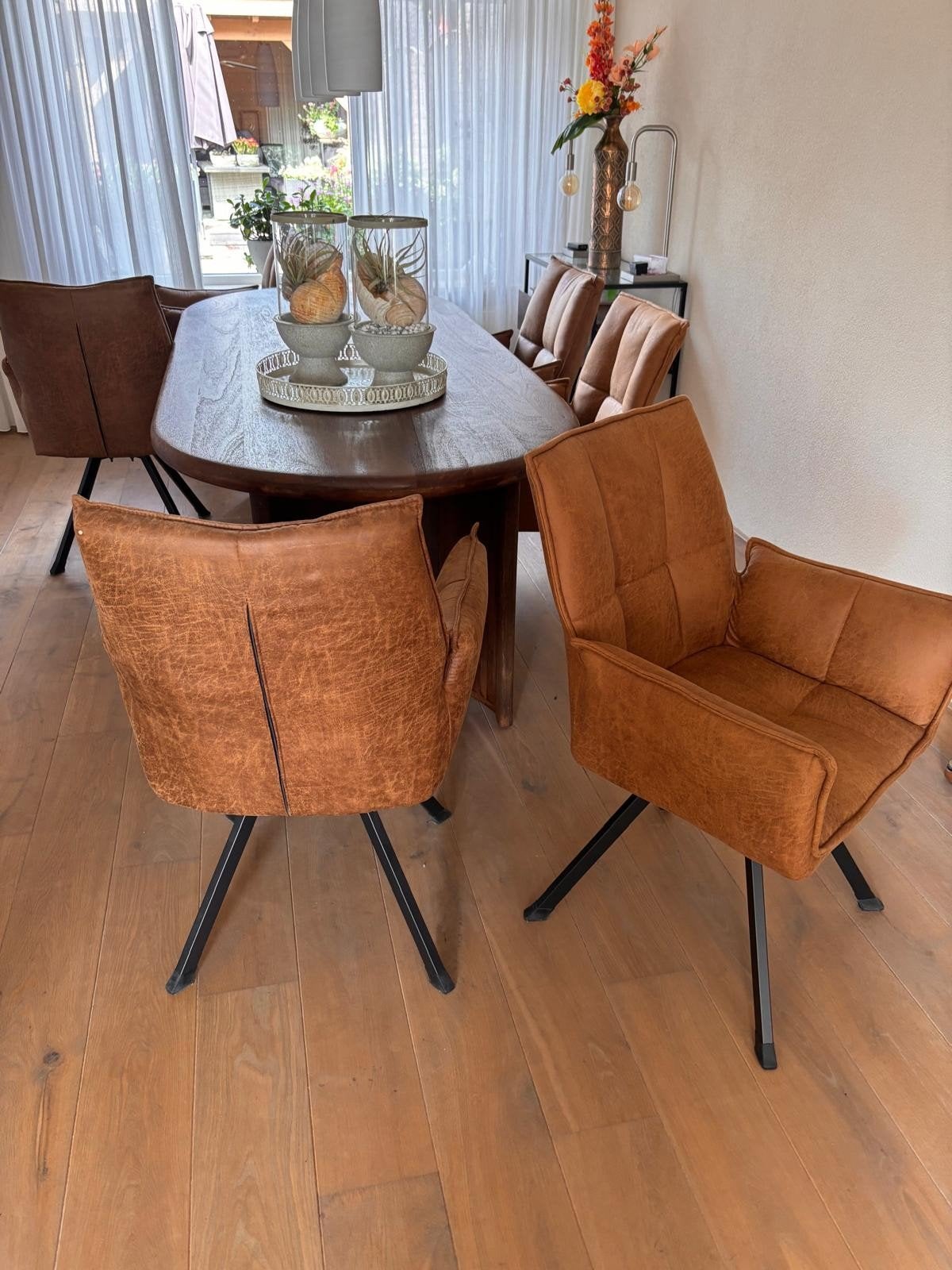 6 eetkamerstoelen met returnfunctie met bijpassende fauteuil, Overige materialen, Bruin, Ophalen of Verzenden, Vijf, Zes of meer stoelen